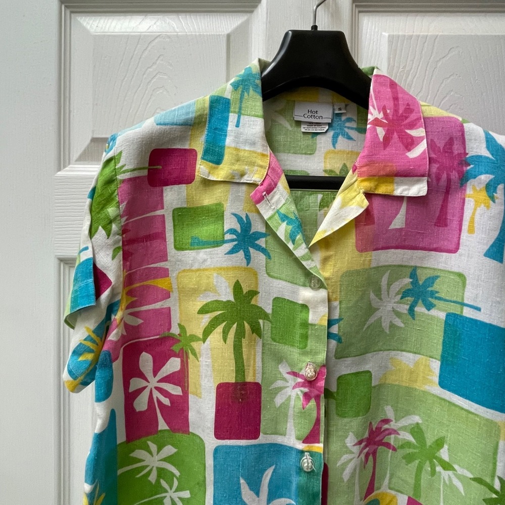 Vintage Hot Cotton Women's Small Tropical S/S Button-Up‎ Camp Shirt 100% Linen